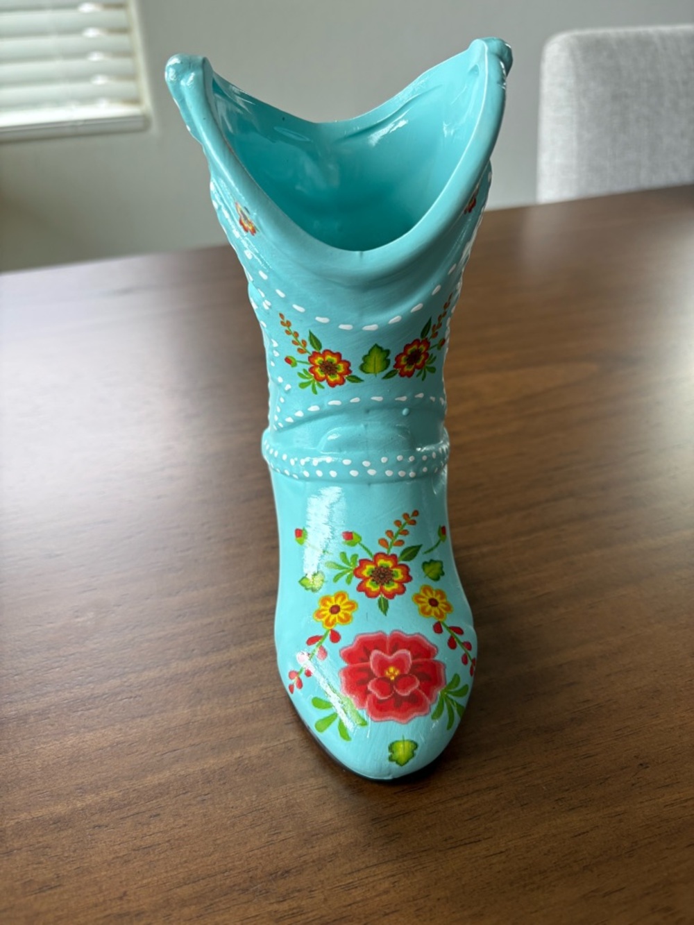 Turquoise Ceramic Cowboy Boot Vase with Floral Accents - Picture 3 of 6